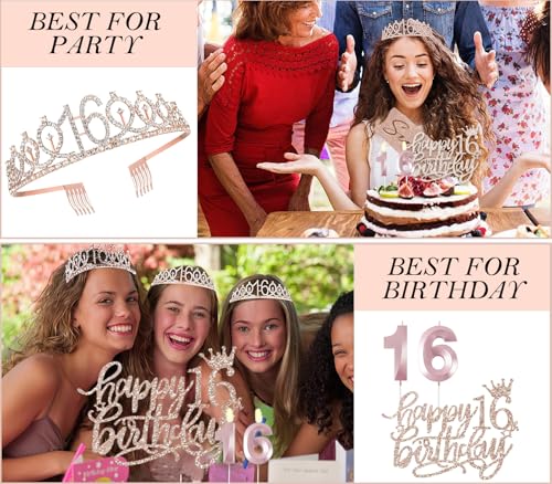 Rose Gold Sweet 16 Birthday Decoration Set for Girls with Sash and Tiara