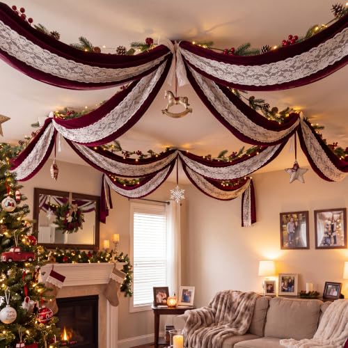 Yunlly Burgundy Velvet and Lace Ceiling Decorations - 6 Panels Christmas Drapes