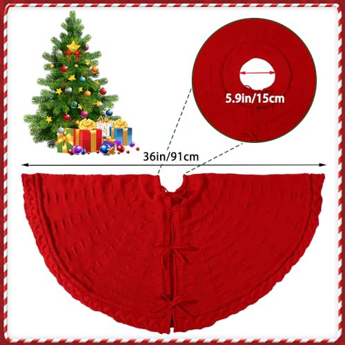 36-Inch Red Cable Knit Christmas Tree Skirt - Thick Rustic Farmhouse Decor
