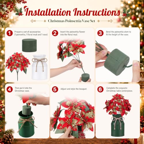 Christmas Poinsettia Centerpiece Set with Metal Jars - 6 Red & Gold Glitter Artificial Flowers for Holiday Decor