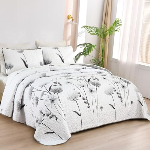 Dinjoy Floral Queen Quilt Set - 3 Piece Lightweight Microfiber Bedspread