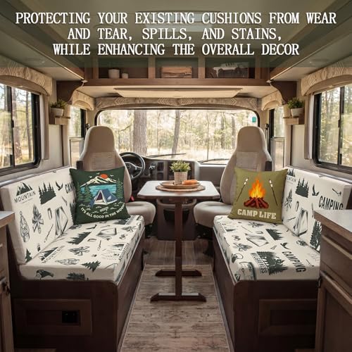 Camping Theme RV Dinette Cushion Covers Set - 6 Pcs Green