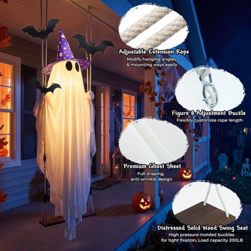 11 FT Light-Up Hanging Ghost Outdoor Halloween Decor with Swing & Bats