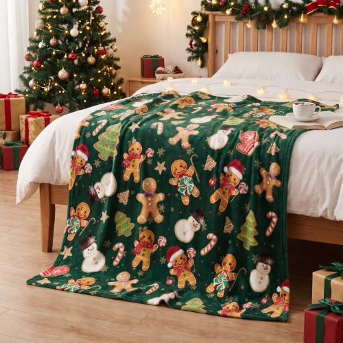 Horaldaily Christmas Green Gingerbread Flannel Throw Blanket 50x60 (Green) - 50x60