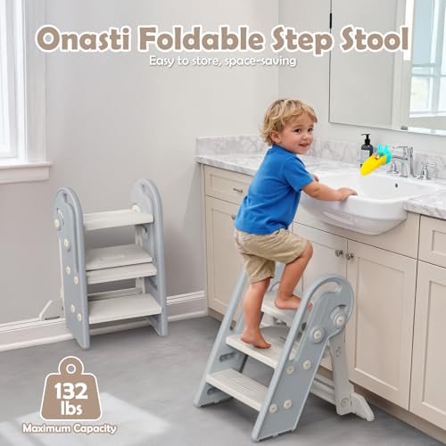 Adjustable Toddler Step Stool, Foldable 3-Step to 2-Step Learning Stool