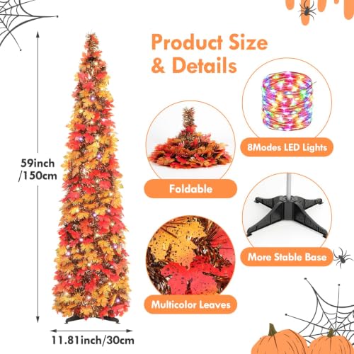 5FT Pre-Lit Fall Pop Up Tinsel Pencil Tree with Timer - Autumn Decor