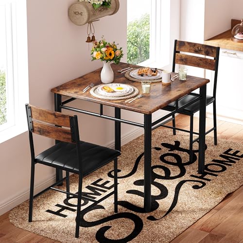 3-Piece Compact Dining Table Set for 2 with Upholstered Chairs, Rustic Brown