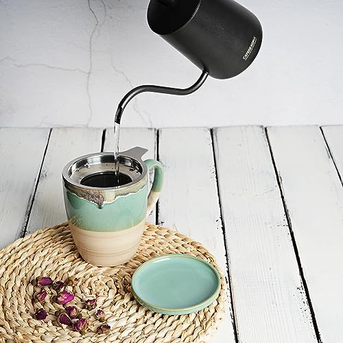 Bosmarlin Green Ceramic Tea Mug with Infuser & Lid, 16 Oz, Reactive Glaze