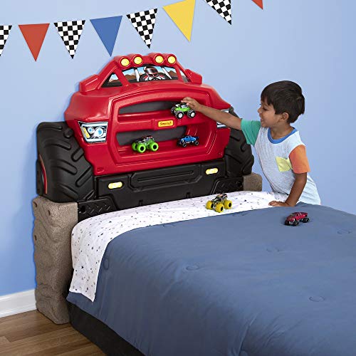 Monster Truck Twin Bed Headboard for Kids with Toy Car Storage - Red