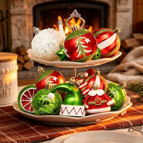 46-Piece Christmas Ornaments Set in Red & Green with Elf Hat, Santa, Stars – Shatterproof Baubles (GAOSOUPAI)