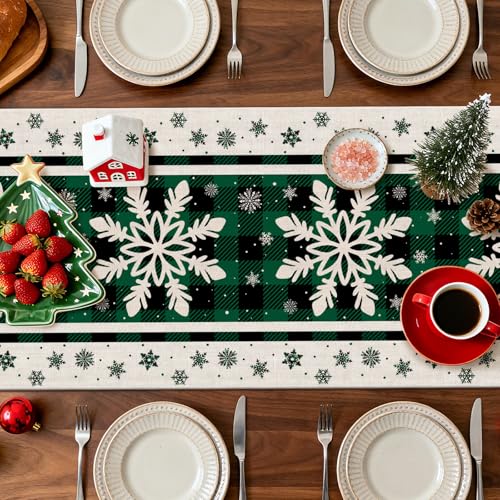 OTOSTAR Green Buffalo Plaid Snowflake Christmas Table Runner 13x60 Inches for Holiday Decor