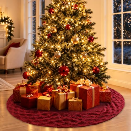 TOCHGREEN Red Knitted Christmas Tree Skirt 36 Inches - Diamond Cable Knit