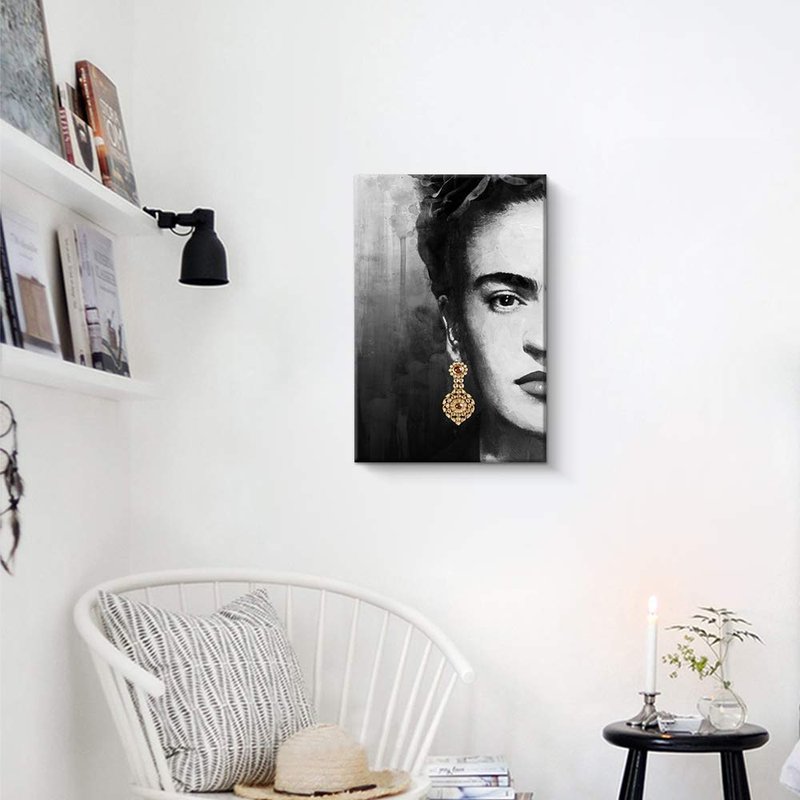 Pigort Frida Kahlo Wall Art Canvas Print Black and White Painting Artwork Wall Decor, Gallery Wrapped, 16"x24", Left