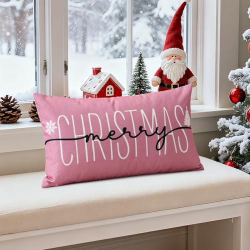 OTOSTAR Christmas Pillow Cover 12x20 Inch Pink Holiday Throw Pillowcase Winter Decor