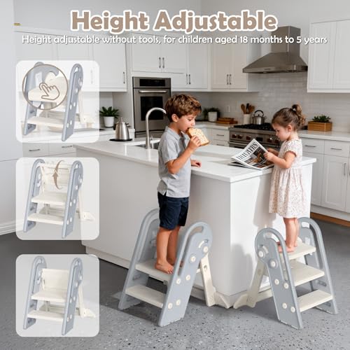 Adjustable Toddler Step Stool, Foldable 3-Step to 2-Step Learning Stool
