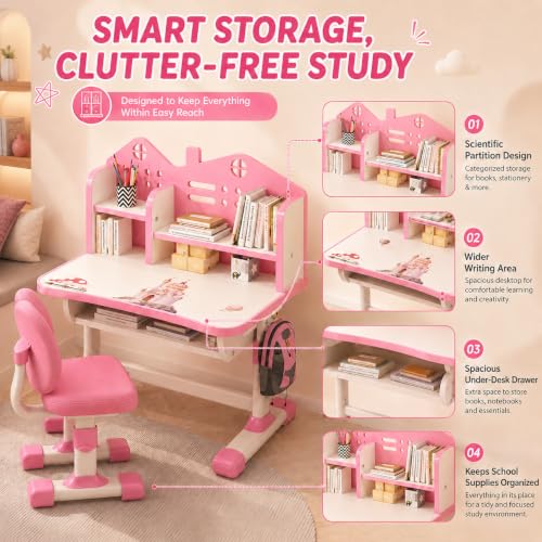 Adjustable Kids Study Desk and Chair Set with Storage Drawer and Bookstand