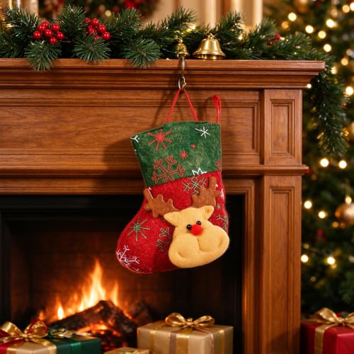 BAMIFEI Christmas Stocking 6.3 Inch Red 3D Reindeer Design - 09, Plush Cuff