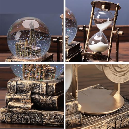 Vintage Paris Eiffel Tower Snow Globe with Hourglass and LED Music