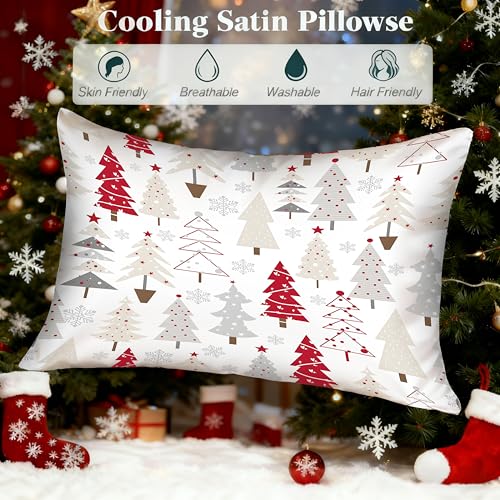 Christmas Tree Satin Pillowcase 20x26 Inches White Silk Pillow Cover with Zipper