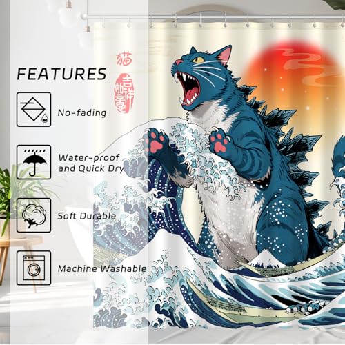 Blue Cat Monster Shower Curtain - Japanese Anime Style, 72 x 72 Inches