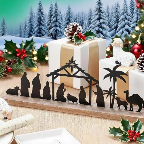 Metal Nativity Scene Tabletop Decoration with Wooden Base