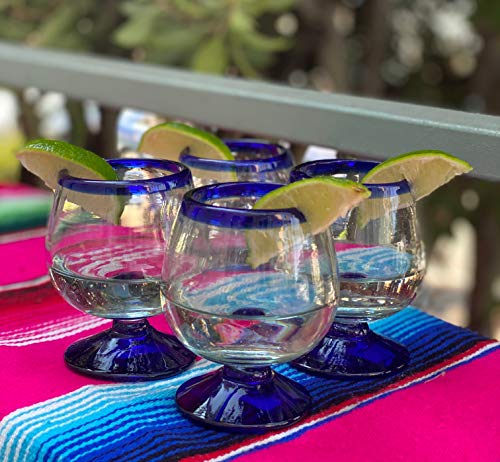 Mexican Hand Blown Cognac Snifter Glasses Set of 4 - Blue Rim, Eco-Friendly, Handmade