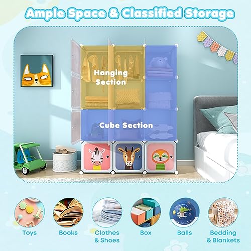 Modular Kids Wardrobe with 12 Storage Cubes and Hanging Rod - Blue