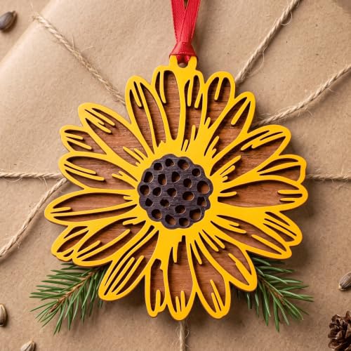 Wooden Sunflower Christmas Ornament - 4 Inch Festive Floral Decor