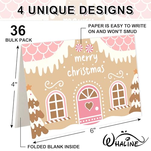 Christmas Greeting Cards with Envelopes & Stickers - Gingerbread House Design, 36 Pack 4x6 Inches