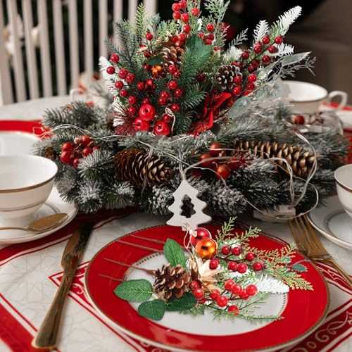 Suncalla 24 Pcs Christmas Berry Picks with Pinecones Holly - Holiday Decor
