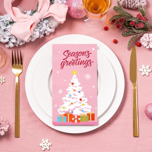 Wrapaholic 50Pcs Pink Christmas Tree Gift Hand Towels – 3-Ply Paper Napkins, 4.3 x 7.9 in, Xmas Holiday