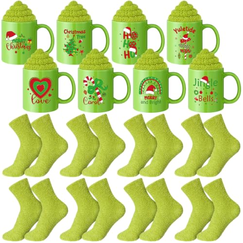Kinlop Green Christmas Mug Gift Set with Cozy Socks - 8 Piece Holiday Bundle