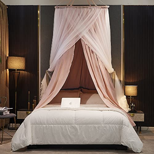 Princess Bed Canopy with Lace - Double Layer Round Dome Mosquito Net (Pink)