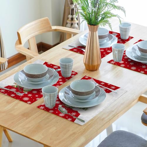 Imiss Snowman Placemat Set of 4 - 12x18 Inch Red Xmas Snowflake Linen Table Mats for Holiday Decor