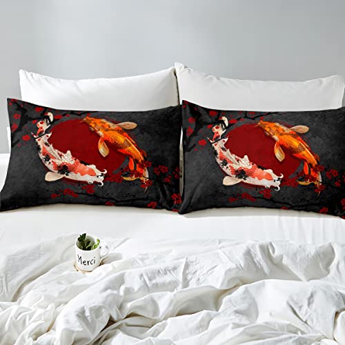 Manfei Koi Fish Duvet Cover Set Full 80x90 - 2 Pillowcases, Red Black 3D Print