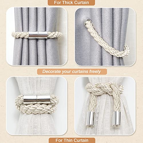 Magnetic Curtain Tiebacks - 2 Pack Decorative Woven Rope Holdbacks, Beige