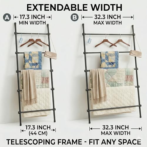 Expandable Blanket Ladder, 5.4 Ft Metal Quilt Holder Rack, Black