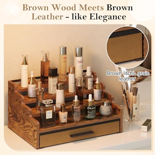 4-Tier Wooden Cologne Organizer with Drawer for Perfume and Grooming