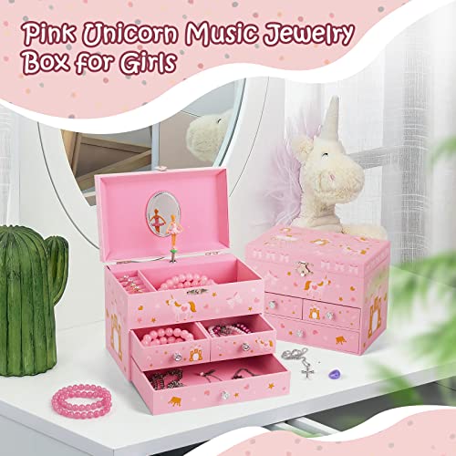 Pink Musical Jewelry Box for Girls - Unicorn & Ballerina Spinner, 3 Drawers, Gift Ready