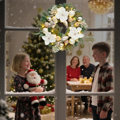 Garvee 24in White Gold Pre-Lit Christmas Wreath - 20 LED Lights, Battery Timer, Magnolia Flowers