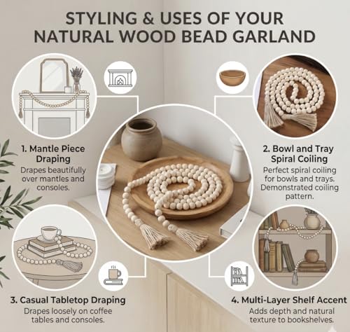 58-Inch Wood Bead Garland with Jute Tassels, Boho Farmhouse Table Decor