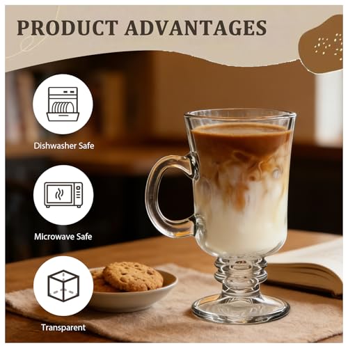 Vitrignis 8oz Irish Coffee Mugs Set of 6 - Clear Glass Handles & High Base
