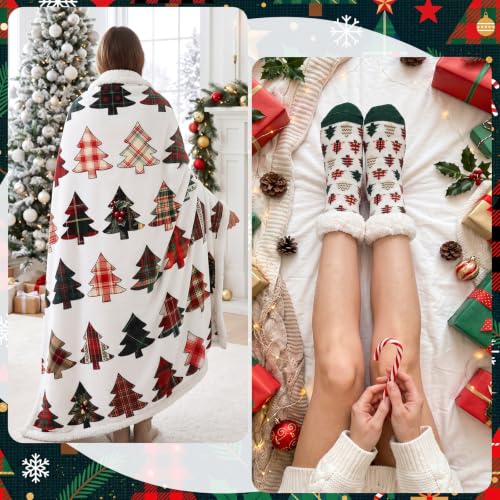 Lounsweer Christmas Sherpa Throw Blanket & Slipper Socks Vintage Tree Set