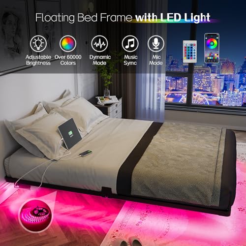 Full Size Floating Metal Platform Bed Frame with LED Lights & Charging Station