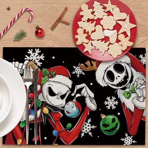 Christmas Jack Placemats Set of 4 - 12x18in Burlap Polyester, Reusable