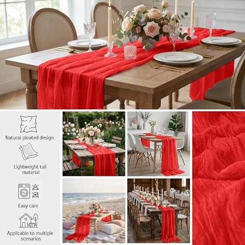 10Pack Red Cheesecloth Table Runner 10ft - Boho Rustic Sheer Decor