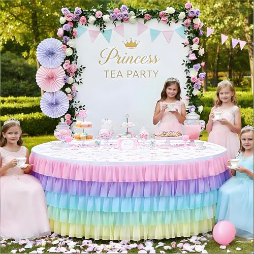 Pastel Rainbow Tulle Table Skirt 6ft x 30in for Parties and Baby Showers