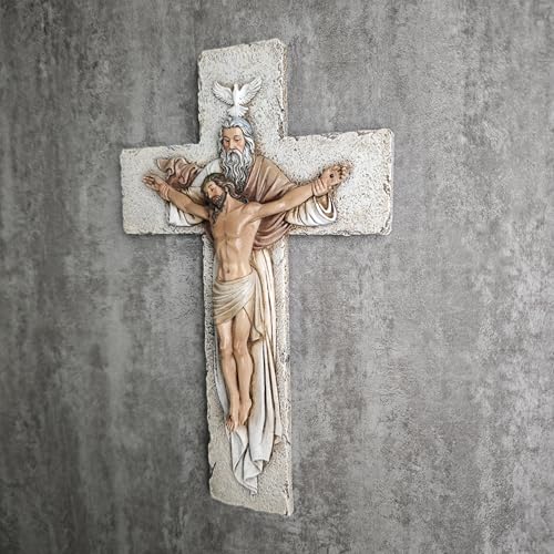 Holy Trinity Crucifix Wall Cross - 9.5-Inch Hand-Painted Stone Resin