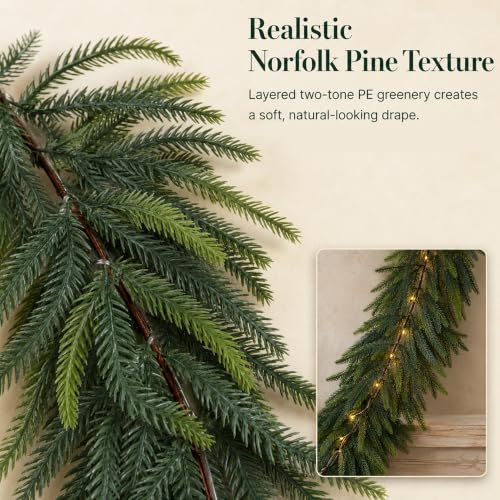 9FT NorfolK Pine Christmas Garland with 50 Warm LEDs, Battery-Operated