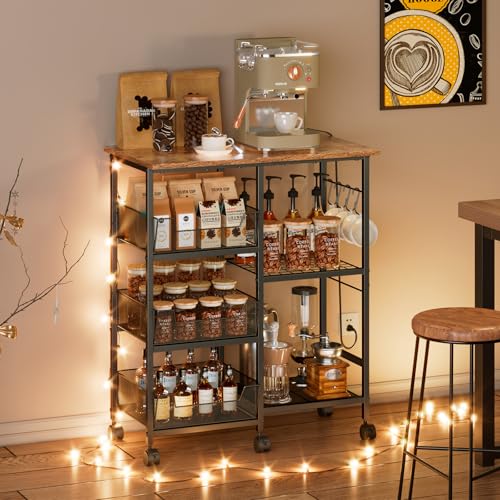 Rolling Kitchen Microwave Cart with Tilt-Out Baskets & Adjustable Shelves